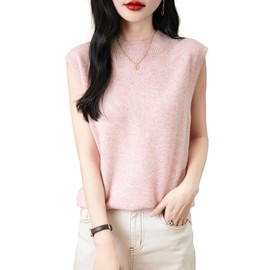 Chanyarn Women's 100% Merino Wool Spring Fall Winter First-Line Ready to Wear Mock Neck Seamless Knit Sleeveless Sweater Vest (Pink,M)