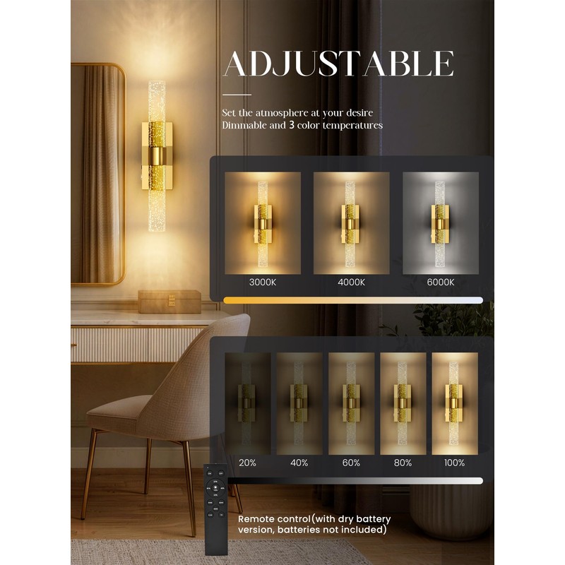 10000mAh Battery Operated Wall Sconces Set of 2, Gold, 15.3