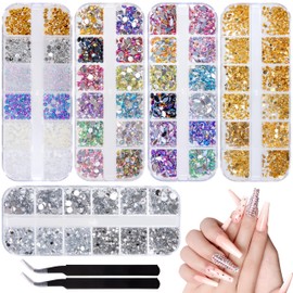 Nail Art Rhinestone Nail Art Rhinestone Kit 5 Boxes Multi Design Nail Art Crystals Diamonds with 2 Tweezers for 3D Nail Art Design DIY Decorations