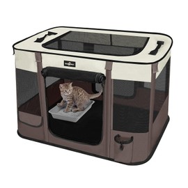 Paw Ballet Foldable Pet Kitten Playpen, Upgrade Waterproof Portable Cat Dog Playpen Kennel Tent for Small Dog Cat, Retractable Shade Cover, Indoor Outdoor Use for Small Pet, Brown