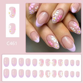 24Pcs PurPle French Tip Press on Nails Almond Fake Nails Short Press Ons Nails with Colorful Daisy Flowers Designs Full Cover Glue on Nails Nude Pink False Nails for Women Acrylic Nails DIY Manicure