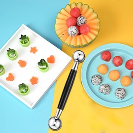 2 pcs Double Sided Melon Baller, Round Melon Balls Fruit Baller Scoop Melon Baller Scoop Stainless Steel Melon Baller Melon Scoop Double Scoop Ice Cream Cone Double Dessert Scoop for Fruit Ice Cream