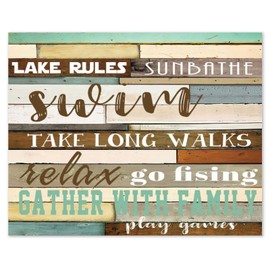 Wooden Sign Funny Words Lake Rules Lettering Inspirational Quote Board go Fishing Plaque Sign Lake Decorative 20X16 Inch
