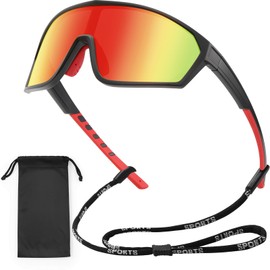 Gafas de Sol Deportivas Polarizadas para Hombres, Mujeres, Jóvenes, Conducción, Ciclismo, Pesca, Correr, Gafas de Sol con Cordón y Bolsa de Gafas, Gafas de Protección 100% UV, Negro-Rojo