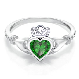 Sterling Silver Claddagh Ring for Women Irish Claddagh May Birthstone Ring with Created Green Emerald, Celtic Knot Crown Engagement Ring for Women Anniversary Wedding Promise Ring,Size 9