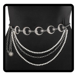 Navoky Moon Star Belt Chain Women Pearl Silver Waist Chains Multilayer Metal Adjustable Body Jewelry Accessories for Dress