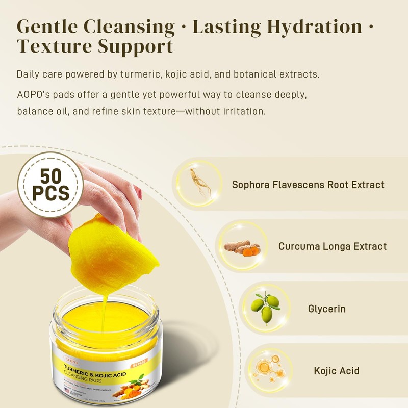 Kojic Acid and Turmeric Cleansing Pads, 50 Pcs, for Face
