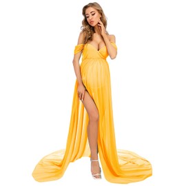 ZIUMUDY Maternity Dress for Photoshoot Photography Long Chiffon Maternity Gown Split See-Through Maternity Dresses(Mustard Yellow, X-Large)