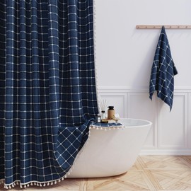 BTTN Extra Long Shower Curtain - 72x84 Inch Long Boho Chic Tassel Linen Fabric Shower Curtain Set with Hooks, Tall Modern Farmhouse Elegant Heavy Duty Cloth Shower Curtains for Bathroom - Navy Blue