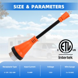 RV Power 50 Amp to 110 Adapter, NEMA 5-15P Male Plug to SS2-50R Female Receptacle RV Plug Adapter with Locking Connector, 13 Inch 50 amp rv Plug, ETL Listed Power Connector