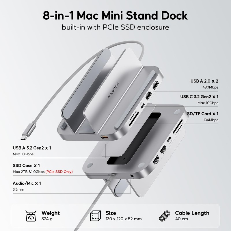 PULWTOP USB-C Stand Hub with SSD Enclosure for Mac Mini,