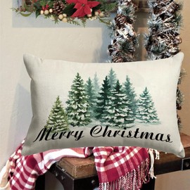 GOOESING Merry Christmas Pillow Covers 16x24 Inch Watercolor Green Christmas Tree Nature Forest Linen Decorative Throw Pillow Cover Cushion Case for Indoor Outdoor Home Sofa Bedroom Living Room