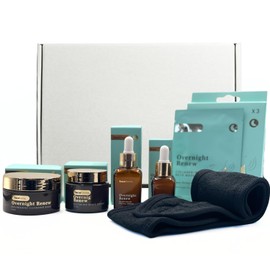 Overnight Renew Luxury Skincare Gift Set, Vegan Night-Time Anti-Ageing Collection with Serums and Creams, Complete Facial Care Kit with Headband