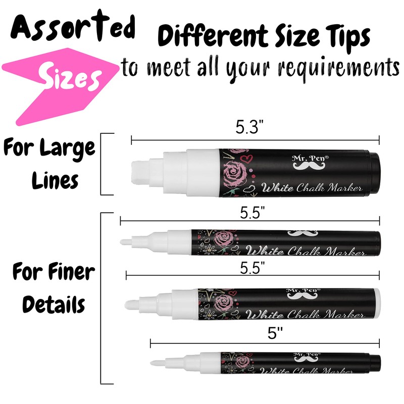 Mr. Pen- White Chalk Markers, 4 pcs, Assorted Size, Chalk