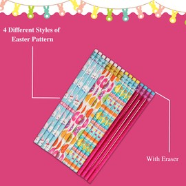 EBK 24pcs Easter Pencils with Erasers Tops Colorful Eggs Chicks Bunny Assorted Printed Wooden Spring Pencils for Basket Stuffer School Stationery Party Reward Supplies for Girls and Boys