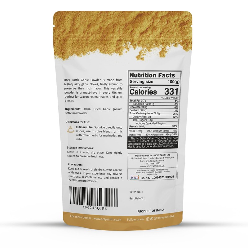 Holy Earth Garlic Powder, 100% Natural, Gluten-Free, Non-GMO, No Additives,