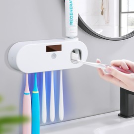 Toothbrush Holders - OVAS HOO Toothbrush Holder for Bathroom 5 Toothbrush Slots Toothbrush Holder Wall Mounted with Toothpaste Dispenser Chargeable Tooth Brushing Holder (White)