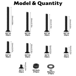 1110 Pcs M3 Screws Set, Countersunk Bolts and Nuts, Flat Head Machine Screw Nut and Bolt with Washers Set, Cross Head Screws Bolts and Nuts Assortment Kit(M3, Black)