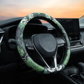 Sage Green Floral Leather Steering Wheel Cover Auto Steering Wheel Protector, Anti-Slip, Breathable, Absorbing Sweat, Universal Car Accessories 14.5–15 inch,Fit for Most Car, Trucks, SUV
