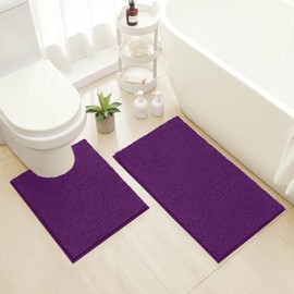 HOMEIDEAS Bathroom Rugs Set 2 Pieces, Ultra Soft Non Slip Absorbent Chenille Toilet Bath Mat Set (Purple)