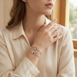 Camhanno Silver Bracelets for Women, Waterproof Stainless Steel Double Heart Chain Bracelet, Symbol of Love & Friendship, Adjustable Dainty Jewelry Gift for Valentine’s Day, Birthday, Anniversary, Christmas (Stainless Steel)