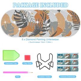 Acboor Diamond Painting Coasters, Pack of 8 DIY Green Leaves Diamond Coasters with Holder, Decorative Wooden Coasters with Diamond Painting Kit for Adults, Children, Beginners