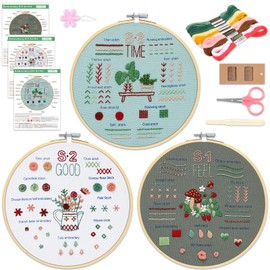 Kit de bordado para adultos principiantes, 3 etapas para aprender 31 puntos básicos de bordado, kits de punto de cruz para principiantes con patrones de bordado, aro, hilos, herramientas