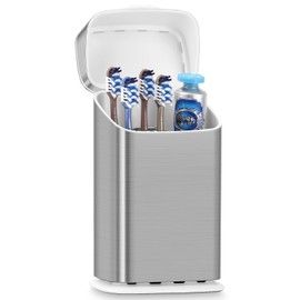 Toothbrush Holders with Cover - 5 Slots Tooth Brush Holder for Bathroom, Detachable Bathroom Counter Organizer with Drainage Kids Toothbrush and Toothpaste Holde, Silver
