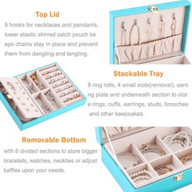 Voova Jewelry Box Organizer for Women Girls, 2 Layer Large Men Jewelry Storage Case, PU Leather Display Jewel Holder with Removable Tray for Necklace Earrings Rings Bracelets, Vintage Gift, Lake Blue