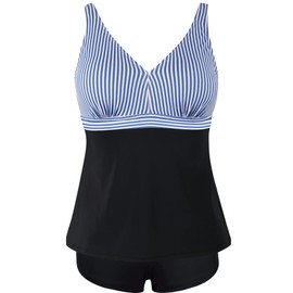 Septangle - Traje de baño de dos piezas para mujer, cuello en V, tankini para busto grande, talla grande, traje de baño con pantalón corto para niño, Raya azul, 10