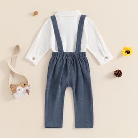 Carolilly Infant Baby Boys Gentleman Outfits Sets Baby Boys Clothes Long Sleeves Lapel Button Up Romper and Solid Color Suspender Pants Sets for Toddler Boys (Dark Blue, 0-3 Months)