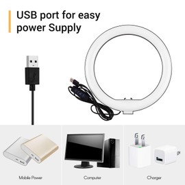 10 Inch Mini LED Light with Foldable Overhead Metal Bracket, 3 Lighting Modes and 10 Brightness Levels, 5V USB Power Supply, for Live Video Recording, Selfie, Makeup.