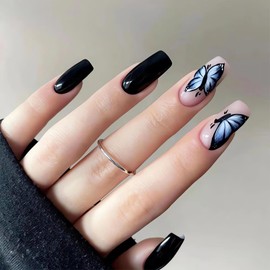 Black Press on Nails Short Square Fake Nails with Butterfly Design Spring False Nails Glossy Black Gel Acrylic Nails Tips Full Cover Glue on Nails Stick on Nails for Women Girls 24Pcs