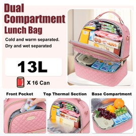 REXMONA Lunch Bag for Women,Double Decker Lunch Box for Women, Insulated Lunchbag Leakproof Lunch Tote Lunch Cooler Bag for Women Men,Lunchbox with Adjustable Strap for Work Picnic Beach
