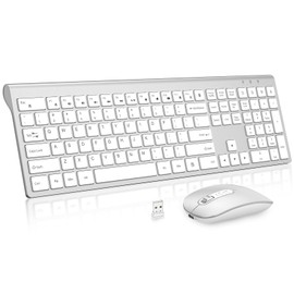 Rechargeable Wireless Keyboard and Mouse Combo, Full Size Silent Ergonomic Scissor Switch Keyboard and Optical Mouse Set, 2.4G Lag-Free Cordless Keyboard Mice for Computer,Mac,Laptop,PC,Windows-Silver