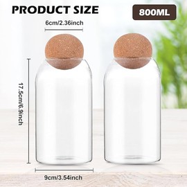 Pack of 2 Glass Food Storage Jars with Ball Cork Lid 800 ml Glass Storage Jars, Storage Jars with Lid, Airtight Glass Container Glasses with Cork Ball, for Coffee, Spices, Tea, Beans, Sugar