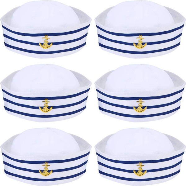 6 Pcs Blue and White Sailor Hats Quilted Hats for Children's Costume Accessory, Fancy Dress Party (Classic Style)