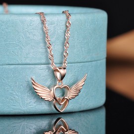 Yumilok Silver/Rose Gold 925 Sterling Silver Angel Wings Intertwined Hearts Pendant Necklace Chain with Pendant for Women Girls, Sterling Silver, No Gemstone