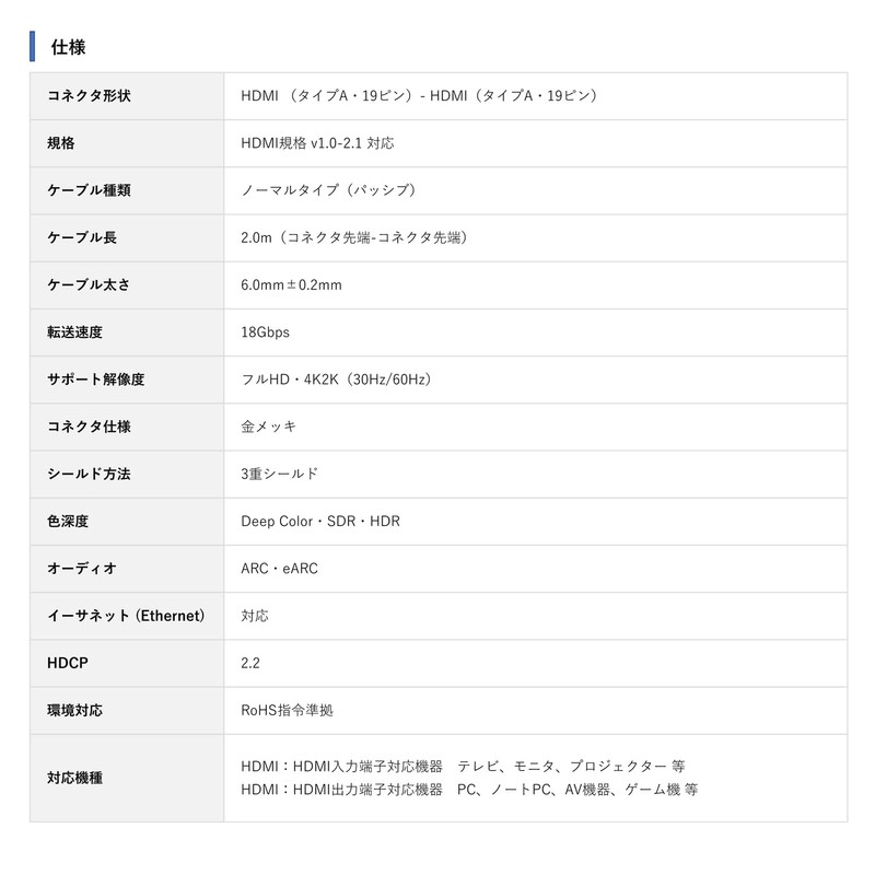 HDMI Cable, 6.6 ft (2.0 m), White, Eco Cable, Supports