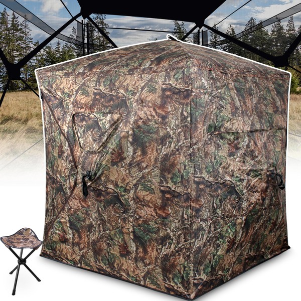 Hunting Blind 2-3 Person with Tri-Leg Hunting Stool, 270 Degree See Through Pop up Ground Blinds for Deer Turkey Duck Hunting, Bow Hunting Adjust Windows with Silent Zipper(Camo4)