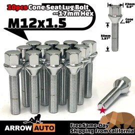 ARROW 10x Chrome 12x1.5 Lug Bolt 50mm Fit Mercedes Aftermarket Rim With 8-12mm Spacer