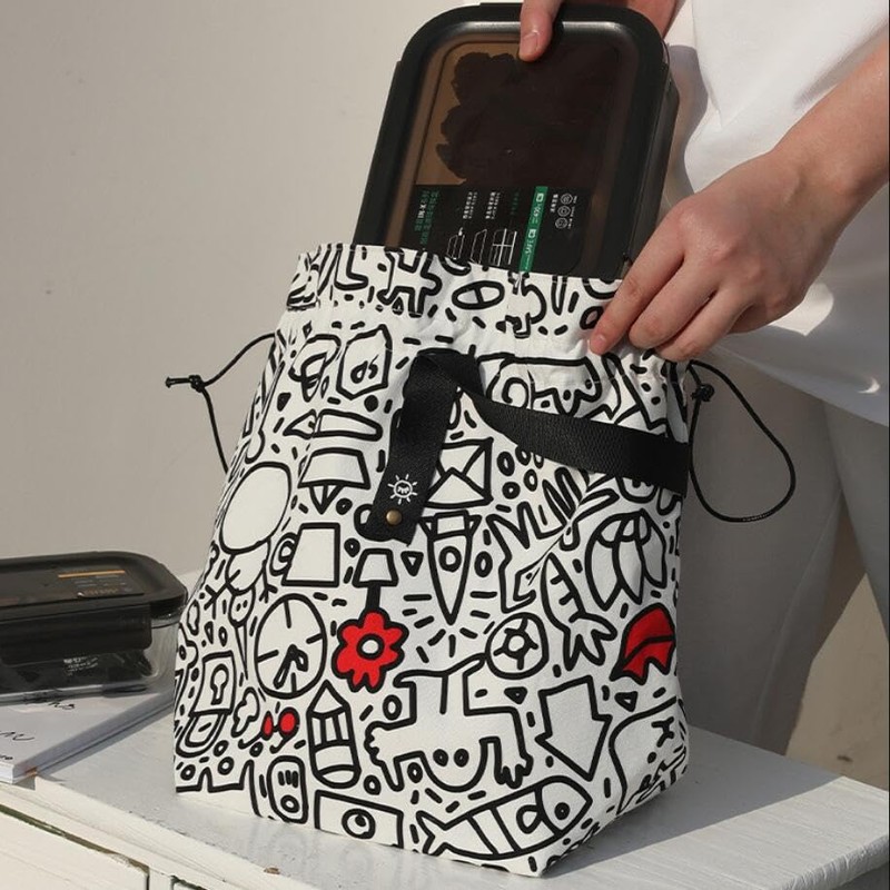 XINGNIAO Creative Graffiti Insulated Lunch Bag, Cotton Canvas Drawstring Bento