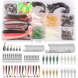 Bass Fishing Lures Kit, 151pcs Texas Rig Fishing Accessories Including Soft Worm Baits Fishing Hooks Sinkers Swivels Beads for Saltwater Freshwater