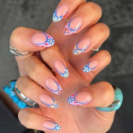 MERVF Almond Press on Nails Medium Fake Nail Colorful Prints French Tip Glue ons Stiletto Acrylic Bohemian Style Summer Manicure Glossy 24pcs