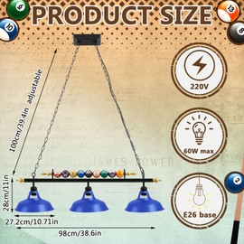 Rossesay 3 Lights Adjustable Pool Table Lights for 7'-8' Billiard Light Hanging Pool Table Light Fixture Lighting Pendant Lamp with Metal Shades for Game Rooms, Bulb Not Included (Royal Blue)