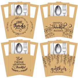 Whaline 100Pcs Thanksgiving Paper Silverware Bags Rustic Fall Botanical Kraft Cutlery Holders Give Thanks Utensil Paper Bag Pocket for Autumn Harvest Dinner Table Decor