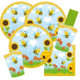 spielum 44-Piece Party Set Cheeky Bees - Plates Cups Napkins Straws for 8 Children