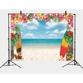 Hawaii Party Backdrop Summer Aloha Party photo background Tropical Beach Flowers Palm Trees Blue Sky Ocean Decor Banner Baby Shower Supplies (7x5FT)
