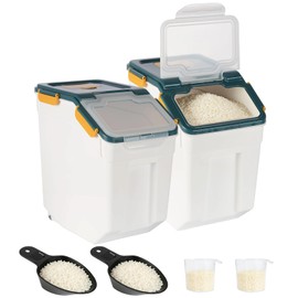 MXCELL 2 Pack Rice Container 25 lbs Large Bulk Flour Sugar Storage Holdhouse Plastic Grain Cereal Dry Goods Bin with Spoon and Measuring Cup for Kitchen Pantry Organization - Blue