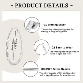 PABBEU Silver Hoop Earrings for Women, Oval S925 Sterling Silver Hoop Earrings, Lightwieght Silver Big Hoop Earrings Hypoallergenic Silver Hoop Earrings for Women Gift